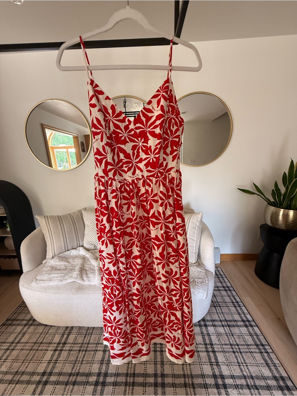 H&M Red and White Floral V-Neck Spaghetti Strap Midi Dress